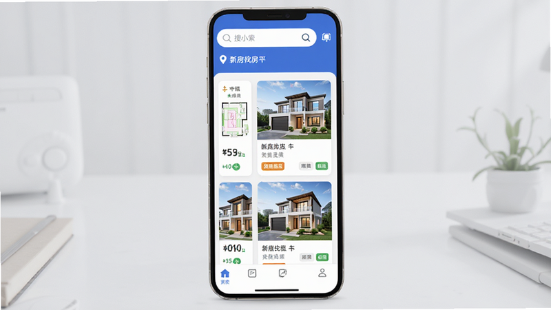 主体为房小团-新房找房平台App界面,布局清晰,顶部显示搜索栏和定位信息,中部展示多张高清新房楼盘卡片,包含价格、户型图和标签,底部导航栏简洁,风格现代简约,细节处体现专业感,画质高清,干净无多余元素
