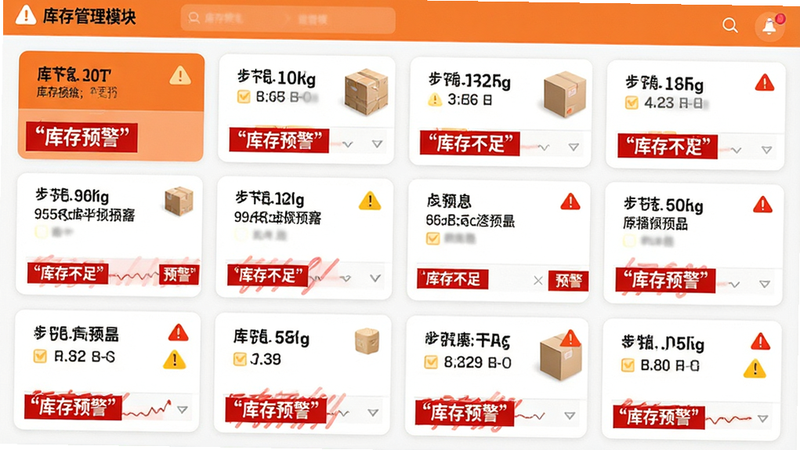 主体为库存管理模块界面,布局为网格状商品卡片,每张卡片显示库存数量与预警图标,排版规整,风格为警示橙与白色搭配,细节处包含“库存不足”红色提示,画质高清,干净,无多余元素,文字加引号“库存预警”