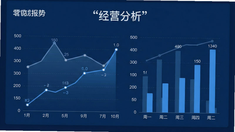 主体为数据报表界面,布局为折线图与柱状图组合,展示营收趋势,排版简洁大方,风格为深蓝色商务背景,细节处包含坐标轴与数据点,画质清晰,干净,无多余元素,文字加引号“经营分析”