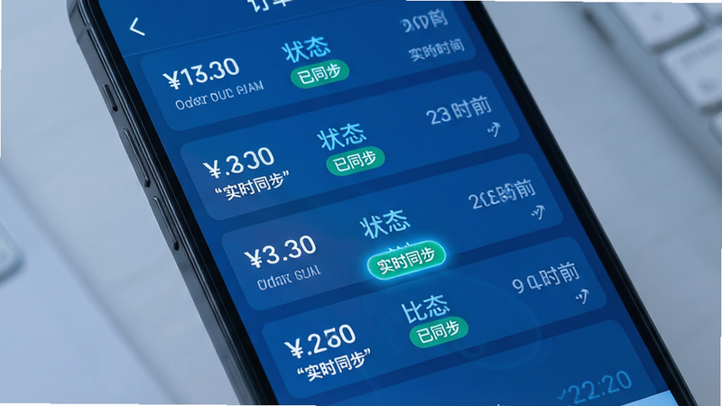主体为手机屏幕上的订单列表界面,布局为垂直滚动列表,每条订单包含金额、状态与时间,排版紧凑有序,风格为科技感蓝色调,细节处高亮显示“已同步”状态标签,画质清晰,干净,无多余元素,文字加引号“实时同步”