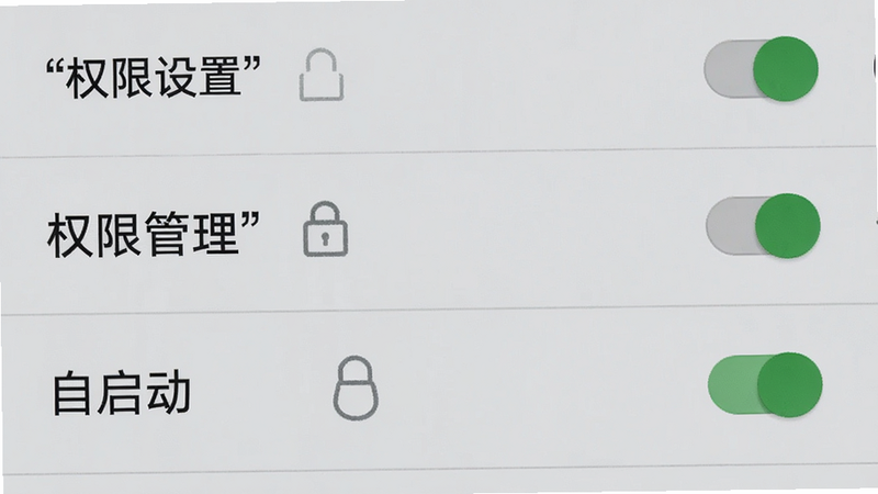主体为手机设置界面,布局为列表式选项,重点突出“权限管理”与“自启动”开关,排版清晰,风格为安卓系统原生风格,细节处包含开关按钮状态,画质清晰,干净,无多余元素,文字加引号“权限设置”