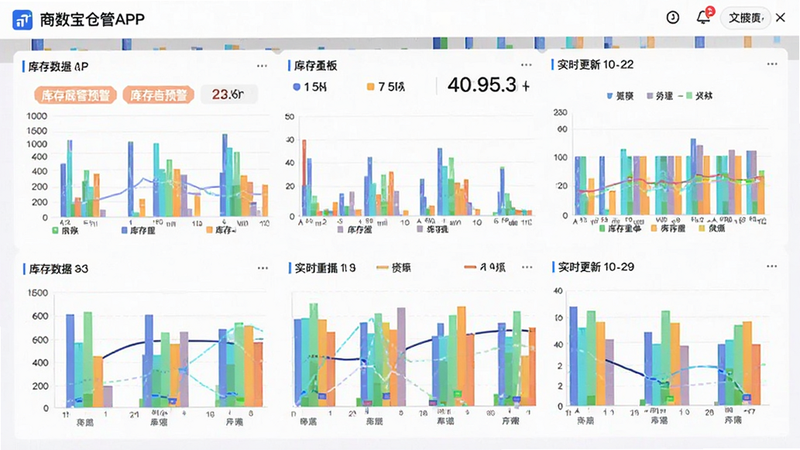 主体为商数宝仓管APP的库存数据看板界面,布局上下结构,排版紧凑有序,风格为数据可视化大屏风格,细节包含多色柱状图、库存预警标签、实时更新时间戳,画质清晰,干净,无多余元素