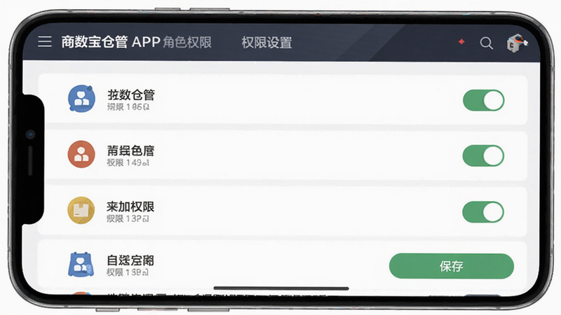 主体为商数宝仓管APP的角色权限设置页面,布局列表式,排版整齐,风格为严肃商务风,细节显示不同角色图标、权限开关滑块、保存按钮,画质柔和,干净,无多余元素