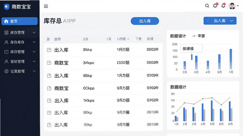 主体为商数宝仓管APP的高保真界面截图,布局采用左侧导航栏右侧内容区设计,排版清晰,风格为现代简约商务蓝白配色,细节包含清晰的库存列表、出入库按钮及数据统计图表,画质高清,干净,无多余元素