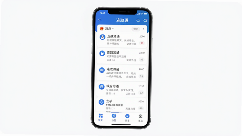 主体为连政通APP手机界面展示,布局为居中手机模型,屏幕显示首页消息列表与功能菜单,排版简洁清晰,风格为现代扁平化商务风,细节包含蓝色主题色与政务图标,画质高清,干净,无多余元素