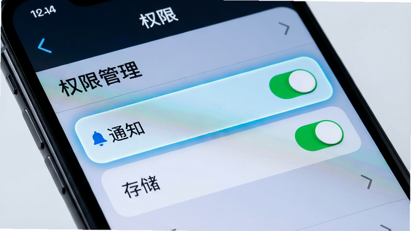 手机设置界面特写,显示“权限管理”列表,高亮显示“通知”和“存储”选项,布局清晰,风格科技感,细节展示开关状态,画质高清,无多余图标,文字显示“权限设置”