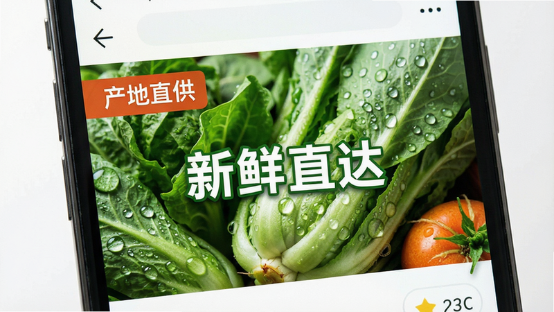 手机屏幕显示商品详情页,突出“产地直供”标签,配图是新鲜带露水的蔬菜特写,布局简洁,风格自然清新,细节展示水珠和绿叶,画质超清,无多余装饰,文字显示“新鲜直达”