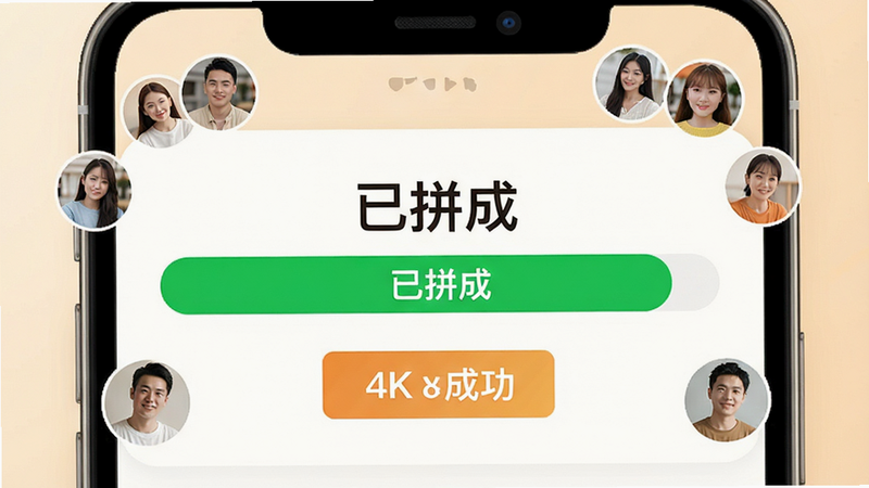 手机界面展示拼团进度条,绿色进度条充满,显示“已拼成”,周围有多个用户头像,布局清晰,风格温馨社区感,细节展示优惠金额,画质4k,无杂乱背景,文字显示“拼团成功”