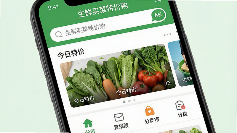 一张高清手机应用界面展示图,主体为“生鲜买菜特价购”APP首页,布局清晰,顶部为搜索栏,中部为“今日特价”轮播图,底部为分类导航,风格扁平化,色彩清新绿色调,细节丰富,画质4k,无多余元素,文字清晰显示“生鲜买菜特价购”