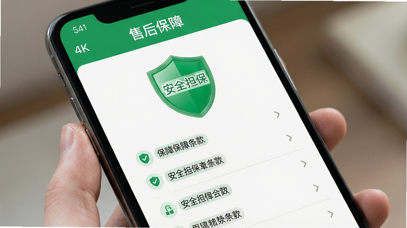 手机界面展示“售后保障”页面,绿色盾牌图标突出,布局简洁,风格信任感强,细节展示保障条款列表,画质4k,无杂乱元素,文字显示“安全担保”