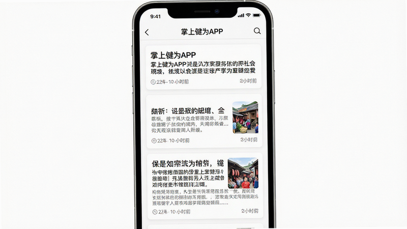展示新闻列表页面的手机界面截图,主体为“掌上犍为APP”的新闻模块。布局采用卡片式设计,每张卡片包含标题、摘要和时间戳。排版紧凑但留白得当,风格简洁明快,细节处显示高清的新闻缩略图,画质清晰,无杂乱元素,背景为纯白色。