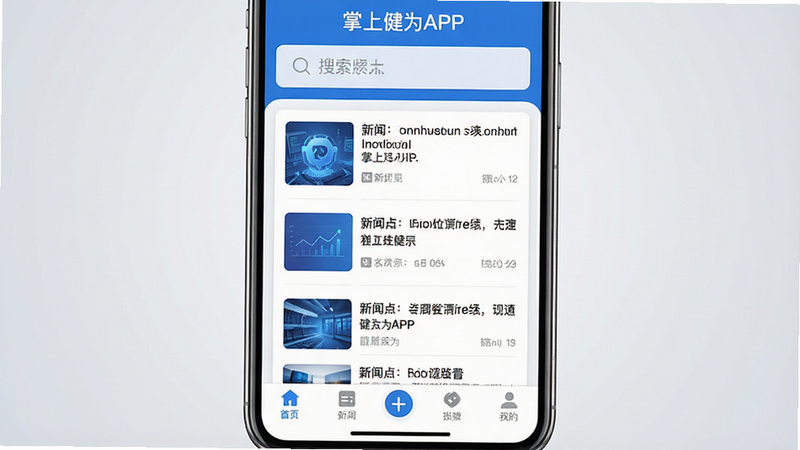 一张高分辨率的手机应用界面展示图,主体为智能手机屏幕,显示“掌上犍为APP”的主界面。布局清晰,顶部有搜索栏,中间是新闻列表卡片,底部是导航菜单。排版整洁有序,风格为现代扁平化设计,色彩以蓝色和白色为主,体现科技感和信任感。细节处可见清晰的图标和文字排版,画质极高,干净无多余元素,背景为柔和的浅灰色渐变。
