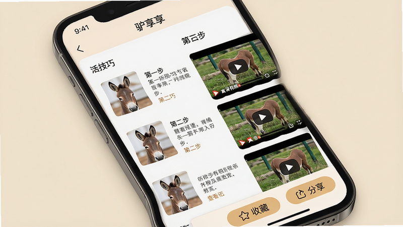 主体为手机屏幕,显示“驴享享”APP内的“生活技巧”详情页,左侧是步骤图文,右侧是相关视频缩略图,底部有“收藏”和“分享”按钮,背景为浅米色,排版舒适,风格温馨实用,细节精致,画质高清,干净无多余元素,文字内容包含“第一步”、“第二步”、“查看视频”