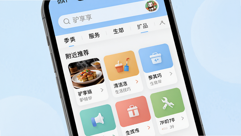 主体为手机屏幕,屏幕中央显示“驴享享”APP首页界面,顶部有搜索栏和分类标签,下方是网格状的生活服务卡片,如餐饮、清洁、维修等,背景为柔和的浅蓝色渐变,排版整洁有序,风格现代简约,细节清晰,画质高清,干净无多余元素,文字内容包含“附近推荐”、“生活技巧”