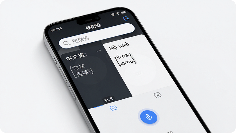主体为一部现代智能手机,屏幕显示“越南语”应用界面,布局清晰,顶部为搜索栏,中间分为中文输入区和越南语输出区,底部为语音按钮,风格为极简科技风,细节包含清晰的UI图标和柔和的阴影,画质4k,干净,无多余元素