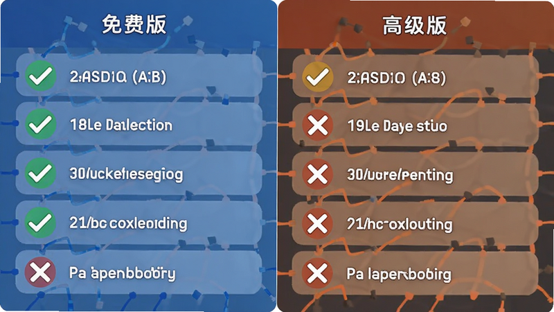 主体为对比图表,左侧显示免费版功能列表,右侧显示高级版功能列表,布局左右分栏,排版简洁,风格为信息图表,细节包含对勾和叉号标识,画质清晰,干净,无多余元素