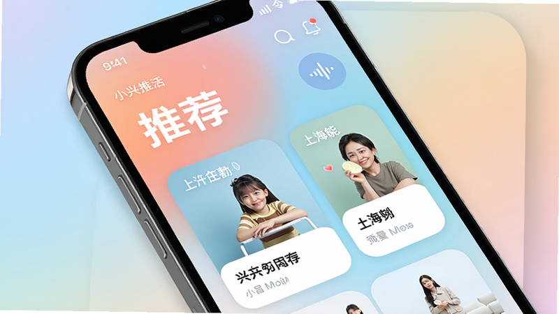 小兴生活智能推荐界面示意图,手机屏幕显示个性化卡片,背景为柔和的渐变色彩,突出“推荐”字样,UI设计现代,光影效果自然,高分辨率