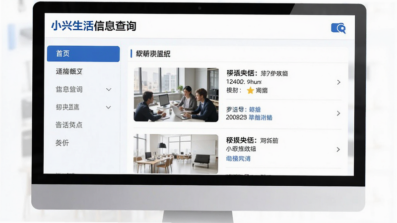 小兴生活信息查询页面,列表式排版,文字清晰易读,左侧为分类导航,右侧为详情展示,简约商务风格,白色背景,蓝色点缀,无杂乱元素