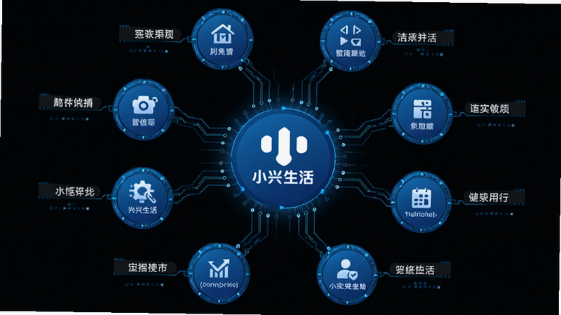 小兴生活功能矩阵图,中心为小兴生活Logo,四周辐射出多个功能节点,线条清晰,科技感蓝色调,矢量风格,细节精致,干净背景
