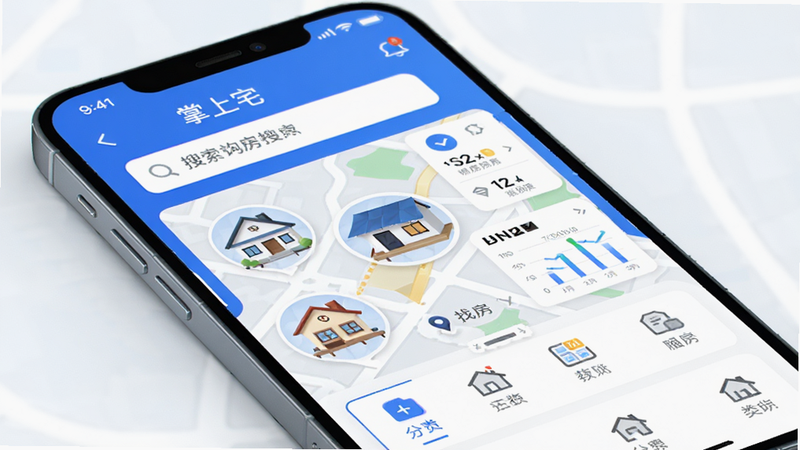 主体为一部智能手机屏幕,显示“掌上宅”APP界面,布局清晰,顶部为搜索栏,中部展示地图找房功能,底部为分类导航,风格为现代扁平化UI设计,色彩以科技蓝和白色为主,细节包含高清房屋图标与数据图表,画质4k,干净,无多余元素