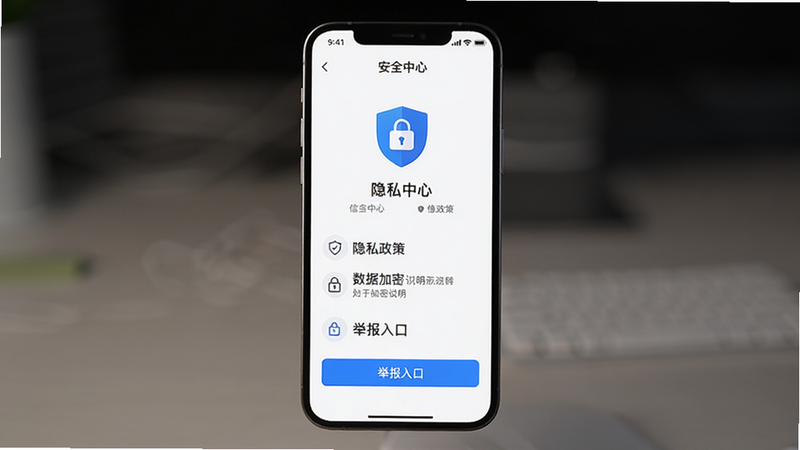 主体为手机屏幕中的安全中心页面,布局包含隐私政策、数据加密说明与举报入口,排版简洁,风格为信任感设计,细节展示盾牌图标与锁形标志,画质高清,干净,无多余元素