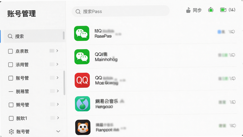 主体为LarePass账号列表界面,布局为左侧分类栏右侧列表,显示微信、QQ、网易云音乐等APP图标及对应的脱敏账号,背景为白色,排版整齐,风格简约商务,细节展示搜索栏与同步状态图标,画质清晰,干净,无多余元素,文字“账号管理”