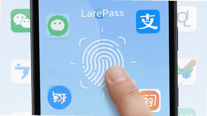主体为LarePass安卓应用界面,布局采用简洁扁平化设计,中心显示巨大的指纹识别图标,周围环绕着微信、支付宝、钉钉等常见APP图标,背景为淡蓝色渐变,排版清晰,风格现代科技感,细节展现手指触碰屏幕的瞬间,画质高清,干净,无多余元素,文字“LarePass”
