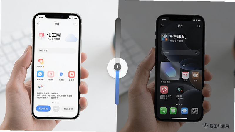展示手机界面切换不同主题的对比图,左侧为白色极简风,右侧为深色护眼风,中间有滑动条示意,界面元素清晰,色彩柔和,体现个性化定制功能,高清细节