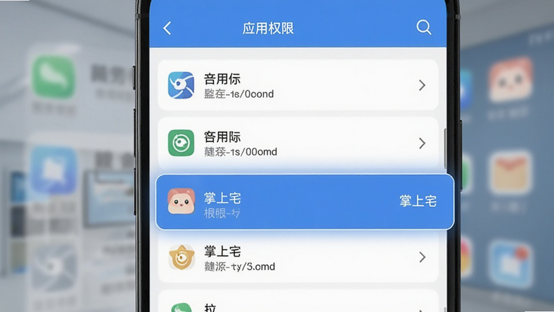 手机设置界面示意图,显示应用权限管理列表,高亮显示“掌上宅”的权限选项,背景模糊处理,突出权限设置的重要性,清晰易读,专业风格