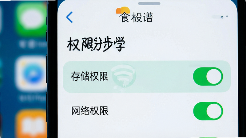 手机设置界面截图,显示“食谱分步学”APP的权限管理页面,高亮显示“存储权限”和“网络权限”已开启,背景为模糊的手机主屏幕,风格简洁,色调冷白,细节清晰,无多余图标,文字“权限设置”清晰可见,高清画质,干净背景