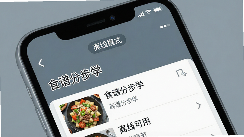 手机离线模式示意图,手机屏幕显示“食谱分步学”APP的离线菜谱列表,顶部有“离线模式”标识,背景为无信号的手机状态栏,风格简约,色调灰蓝,细节清晰,无多余元素,文字“离线可用”清晰,高清画质,干净排版