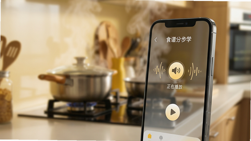 手机侧视图,显示“食谱分步学”APP正在运行语音播报功能,屏幕上有声波动画效果,背景为模糊的现代厨房场景,灶台上有正在烹饪的锅具,蒸汽升腾,营造温馨生活氛围,主体突出手机屏幕上的语音图标和播放按钮,风格温馨,色调暖黄,细节清晰,无多余装饰,文字“正在播放”隐约可见,高清画质,干净构图