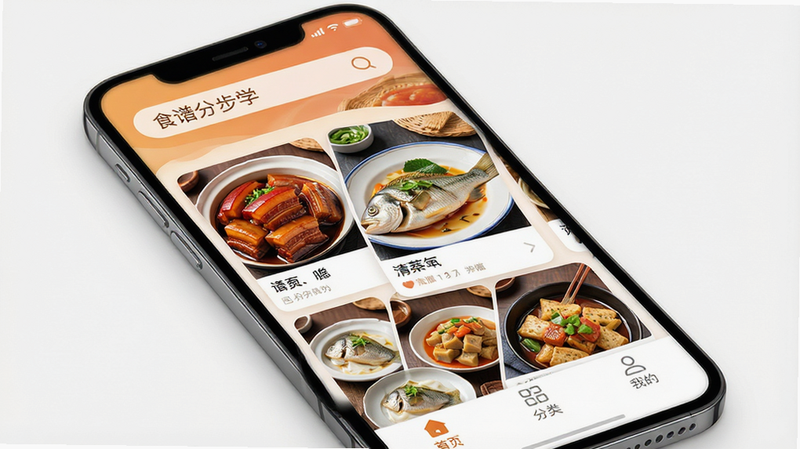 一张高清手机应用界面展示图,主体为“食谱分步学”APP首页,布局清晰,顶部搜索栏显眼,中间展示精美的菜品卡片,包含红烧肉、清蒸鱼等高清美食图片,底部导航栏包含“首页”、“分类”、“我的”三个图标,风格简约现代,色调温暖诱人,细节丰富,画质清晰,无多余元素,干净背景,文字“食谱分步学”清晰可见,4k分辨率,高保真渲染