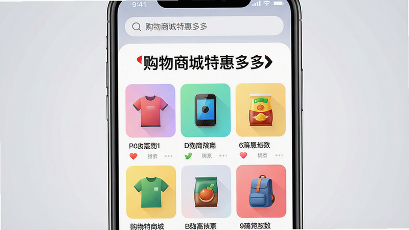 ����Ϊ�����ֻ���Ļ��д����Ļ��ʾ�������̳��ػݶ�ࡱAPP���棬���涥�������������м�չʾ������Ʒ���񣬰���������롢ʳƷ��ͼ�꣬ɫ���������ˣ��������룬�Ű�����������ִ���Լ��ϸ�ڷḻ�����ʸ��壬�ɾ��޶���Ԫ�أ�����Ϊ��͵�ǳ��ɫ���䣬ͻ����Ļ���ݣ����֡������̳��ػݶ�ࡱ�����ɼ�