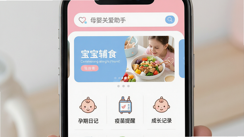 ����Ϊ�ֻ���Ļչʾ��ĸӤ�ذ����֡�APP��ҳ���棬����������Ϊ�������������в��ֲ�ͼ�Ƽ���������ʳ��ר�⡢�²�����״������ڰ����������ռǡ������������ѡ������ɳ���¼�����Ű����ִ���������͵ķ�����ɫ���ϸ�ڴ��п�ͨӤ��ͷ���׺�����ʸ��壬�ɾ��޶���Ԫ�أ����֡�ĸӤ�ذ����֡������ɼ�