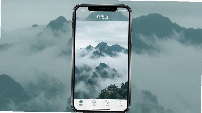 一张高清的移动端应用界面设计图,主体是手机屏幕,屏幕中央展示着终南山云雾缭绕的山景背景,UI元素极简,顶部有半透明状态栏,底部有简洁的功能导航栏,整体色调为青灰色与白色,风格清新雅致,画质4k,无多余杂乱元素,文字标签清晰显示“终南山”