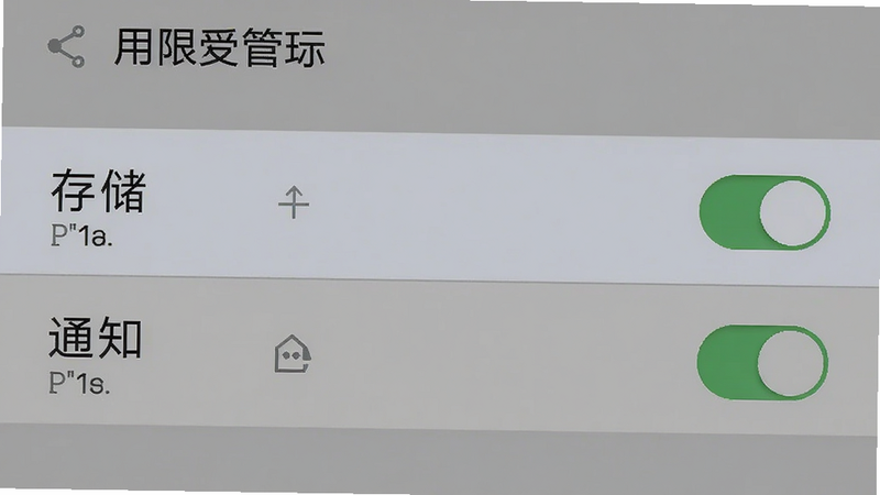 手机设置界面截图,显示应用权限管理页面,高亮显示“存储”和“通知”权限开关,背景为系统默认灰色,界面简洁,文字清晰,体现用户正在配置应用权限,高清界面渲染,无杂乱广告