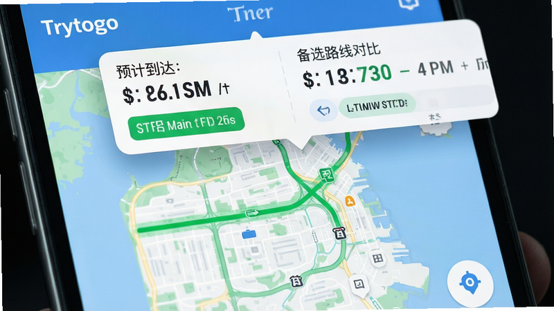 主体为Trytogo路线规划界面特写,布局为中心地图视图,上方悬浮显示预计到达时间与备选路线对比,排版突出时间节省标签,风格为清新科技感,细节包含绿色畅通路段高亮显示,画质清晰,干净,无多余元素