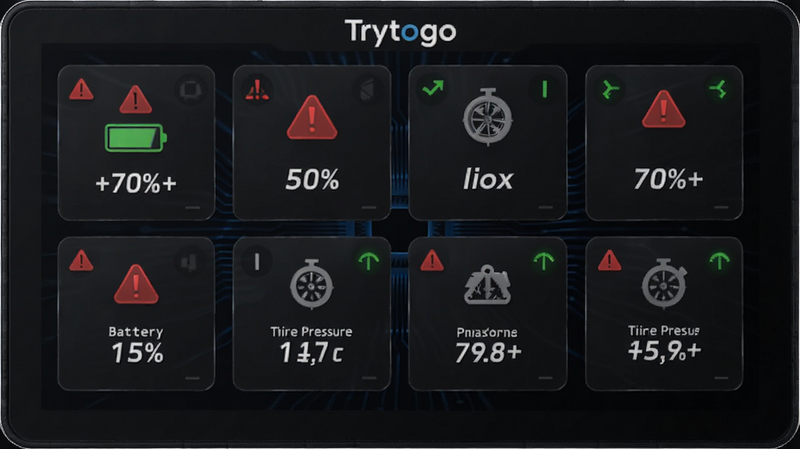 主体为Trytogo车辆监测面板,布局为网格状图标排列,显示电池百分比、轮胎压力数值,排版整齐对称,风格为深色模式科技风,细节包含红色警告图标与绿色正常状态指示,画质锐利,干净,无多余元素