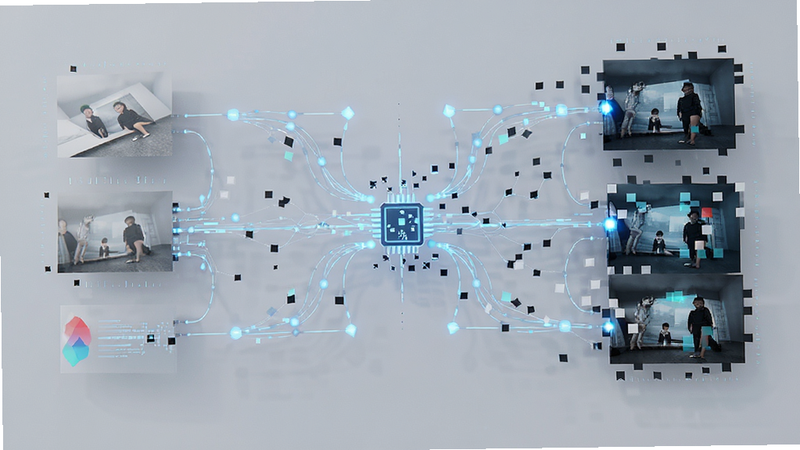 主体为AI算法修复过程示意图,布局呈现数据流与图像像素重组的动态效果,排版对称平衡,风格极简科技风,细节包含发光线条与像素点连接,画质高清,干净,无多余元素
