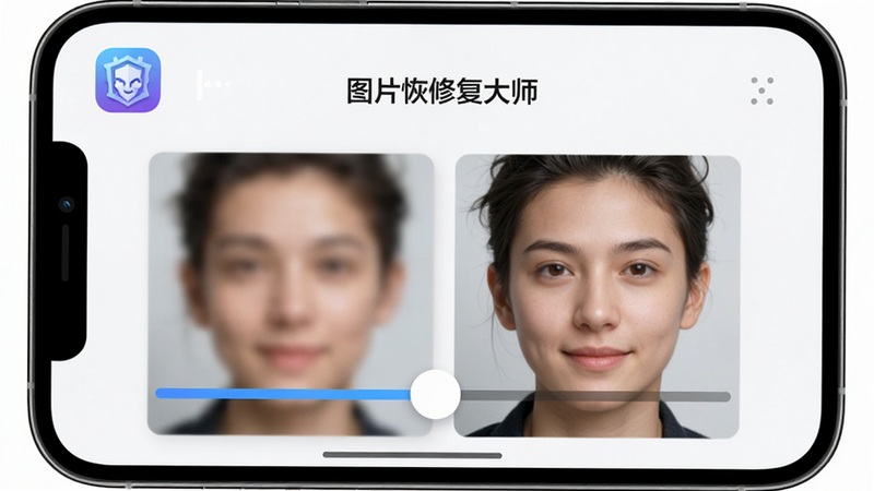 主体为手机屏幕展示“图片恢修复大师”应用界面,布局清晰,顶部显示软件Logo,中间展示一张模糊人脸照片与修复后清晰人脸照片的对比滑块,排版简洁现代,风格科技感强,细节包含滑块交互效果与高清纹理,画质4k,干净,无多余元素