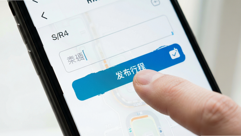 主体为手机操作界面,手指点击“发布行程”按钮,布局聚焦,排版突出核心按钮,风格极简,细节包含输入框与确认图标,画质高清,干净,无多余元素