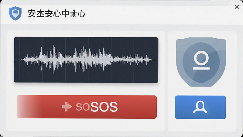 主体为安全中心界面,显示录音波形、SOS按钮及位置共享图标,布局稳固,排版强调安全感,风格严谨,细节包含盾牌图标,画质清晰,干净,无多余元素