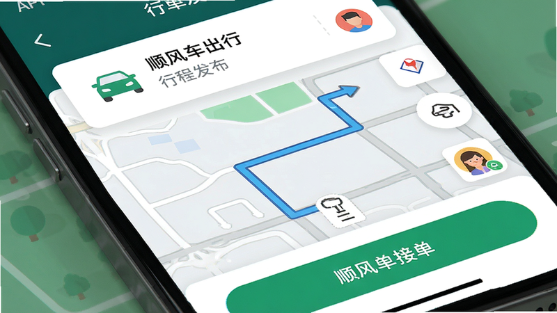 主体为手机屏幕特写,显示顺风车出行司机拼车APP界面,布局简洁,顶部为行程发布栏,中部为实时路线地图,底部为接单按钮,排版清晰,风格现代扁平化,细节包含车辆图标与乘客头像,画质高清,干净,无多余元素
