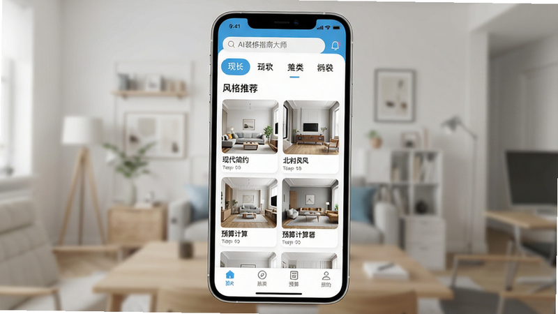 一张高清的手机应用界面展示图,主体是“AI装修指南大师”App的首页,布局清晰,顶部有搜索栏和分类标签,中间展示多种装修风格卡片如现代简约、北欧风,底部是导航栏,整体风格简洁现代,UI设计精致,色彩明亮,画质4k,无多余水印或元素,文字内容包含“AI装修指南大师”、“风格推荐”、“预算计算器”