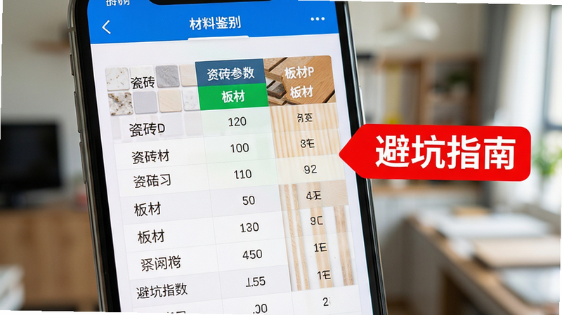 展示材料鉴别界面的手机屏幕特写,屏幕上显示着瓷砖和板材的参数对比表格,旁边有“避坑指南”红色标签,背景虚化,突出屏幕信息,色彩对比鲜明,细节清晰,专业感强,画质纯净,无其他干扰元素