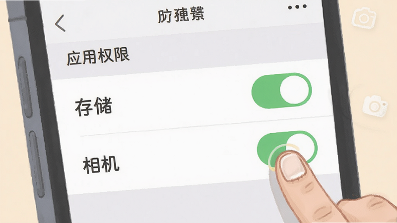 手机设置界面的截图风格插画,显示“应用权限”列表,其中“存储”和“相机”权限开关处于开启状态(绿色),旁边有手指点击的示意,背景简洁,色调柔和,重点突出权限开关,画质清晰,无多余装饰