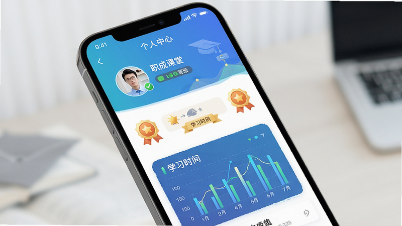 һ��չʾ��ְ�ɿ��á�APP��������ҳ����ֻ�����ͼ����ʾ�û�ͷ�񡢵ȼ���ѧϰʱ�����ɾͻ��¡��������������ݿ��ӻ�ͼ�����ۡ�����Լ������ɫ�ʺ�г�����壬�޶���Ԫ�ء�