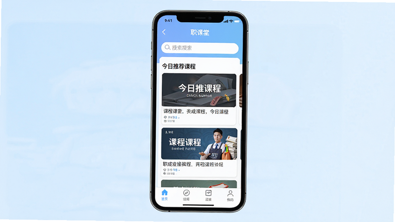 һ��չʾ��ְ�ɿ��á�APP��������ֻ���Ļ��ͼ������Ϊ�ɾ���ǳ��ɫ���䡣��Ļ������ʾ��ҳ���֣����������������м��ǡ������Ƽ��γ̡�ģ�飬�������������Ŀγ̷��濨Ƭ���ײ��ǵ�������ͼ���������������ִ�����ࡢרҵ�����壬�޶���Ԫ�ء�