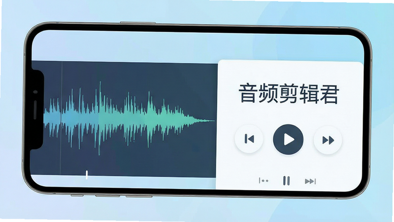 一张高清扁平化风格的应用截图,主体是“音频剪辑君”APP的手机界面,左侧显示音频波形图,右侧是简洁的控制按钮,背景为淡蓝色渐变,文字清晰标注“音频剪辑君”,整体布局干净,无多余装饰,4k分辨率